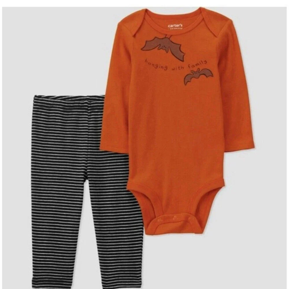 Carters Infant Boys Orange Bat Halloween Bodysuit & Stripe Pants Set Size 3Month